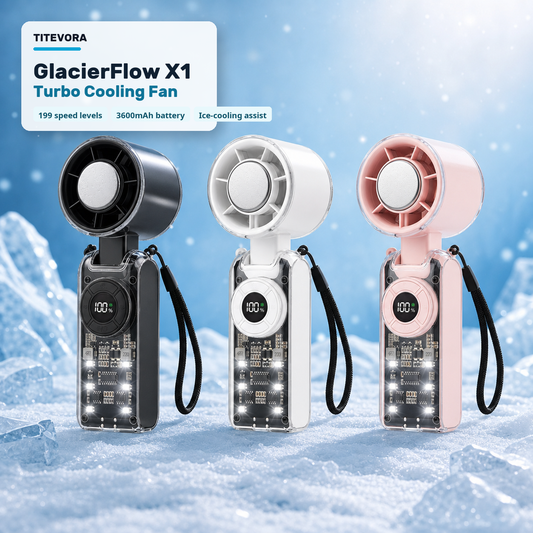 TITEVORA GlacierFlow X1 portable turbo cooling fan in Black, White, and Pink