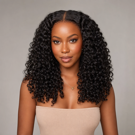 vevolora 3-in-1 Burmese curly human hair half wig on model