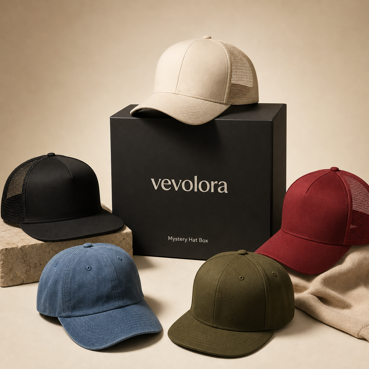 vevolora Mystery Hat Box with five unbranded adjustable hats