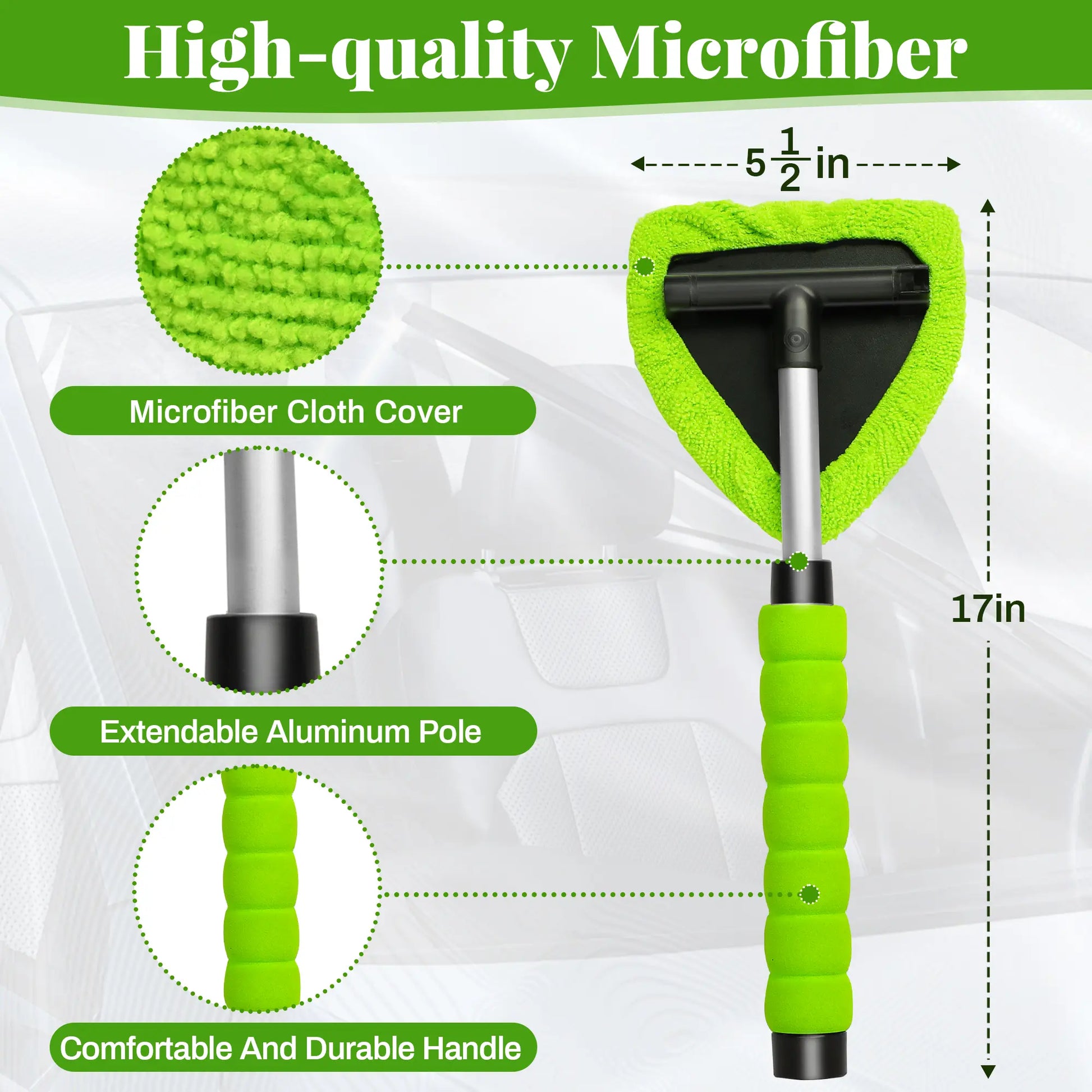Extendable aluminum windshield cleaning pole with microfiber cover and foam handle