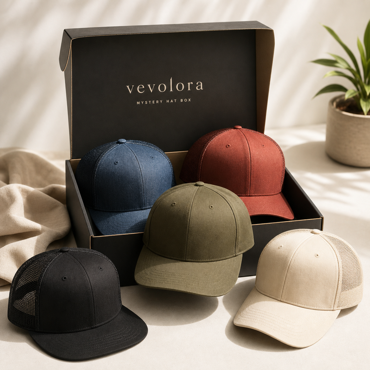 Open vevolora mystery box with five adjustable hats