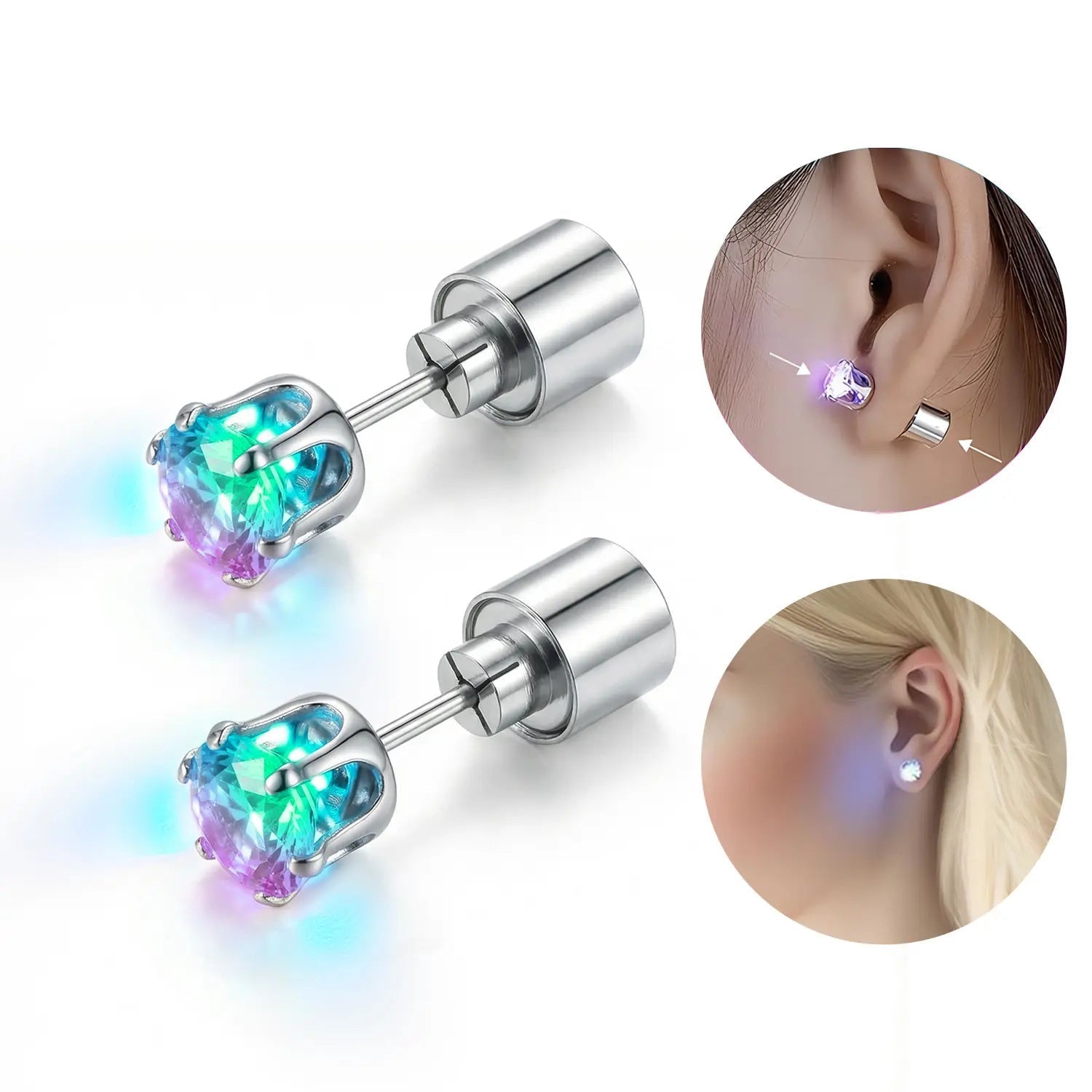 vevolora PrismCrown LED earrings front back and on-ear fit