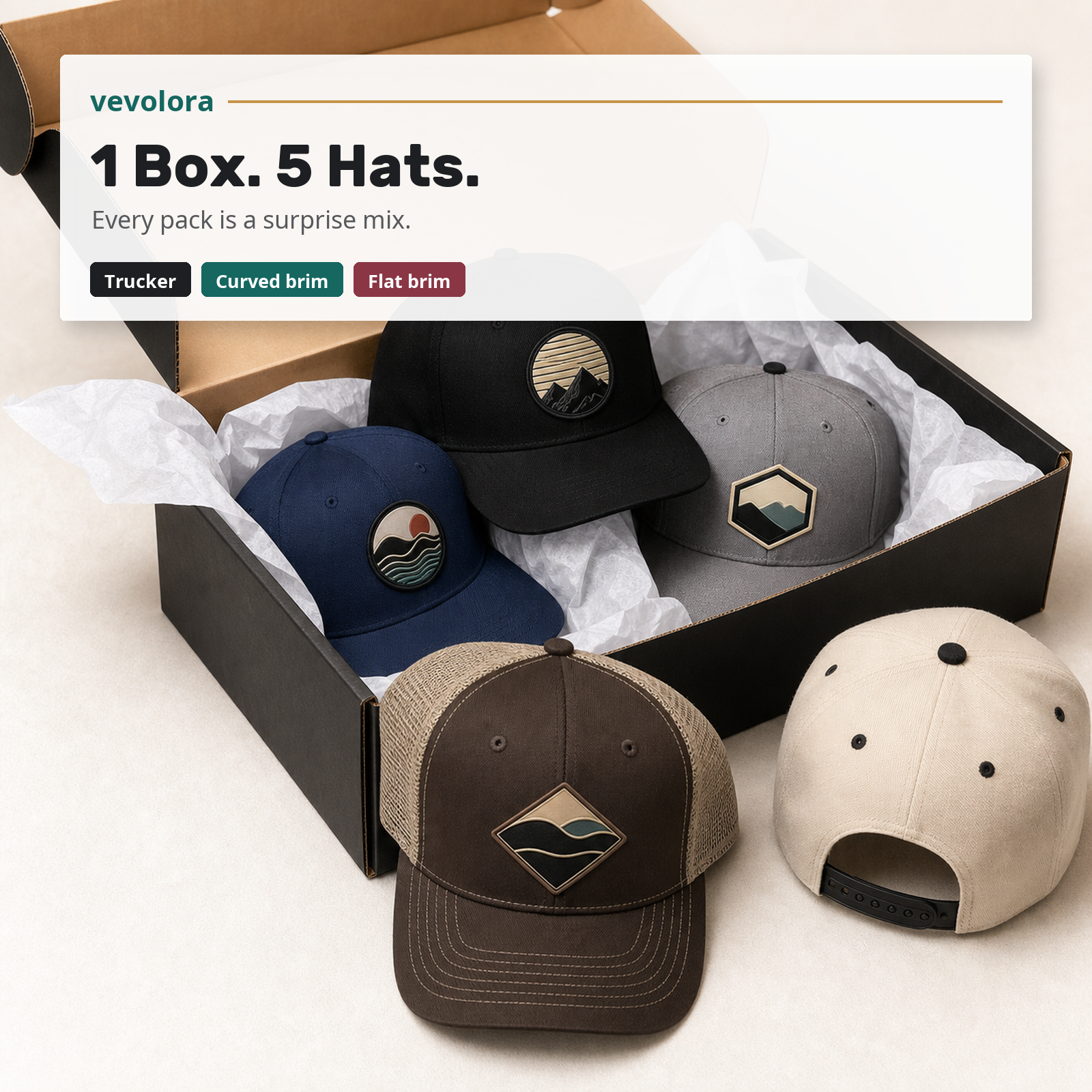 Open vevolora mystery box with five hats