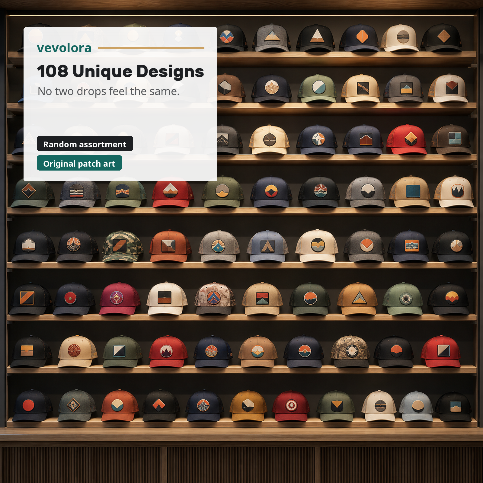 vevolora wall of 108 possible hat designs