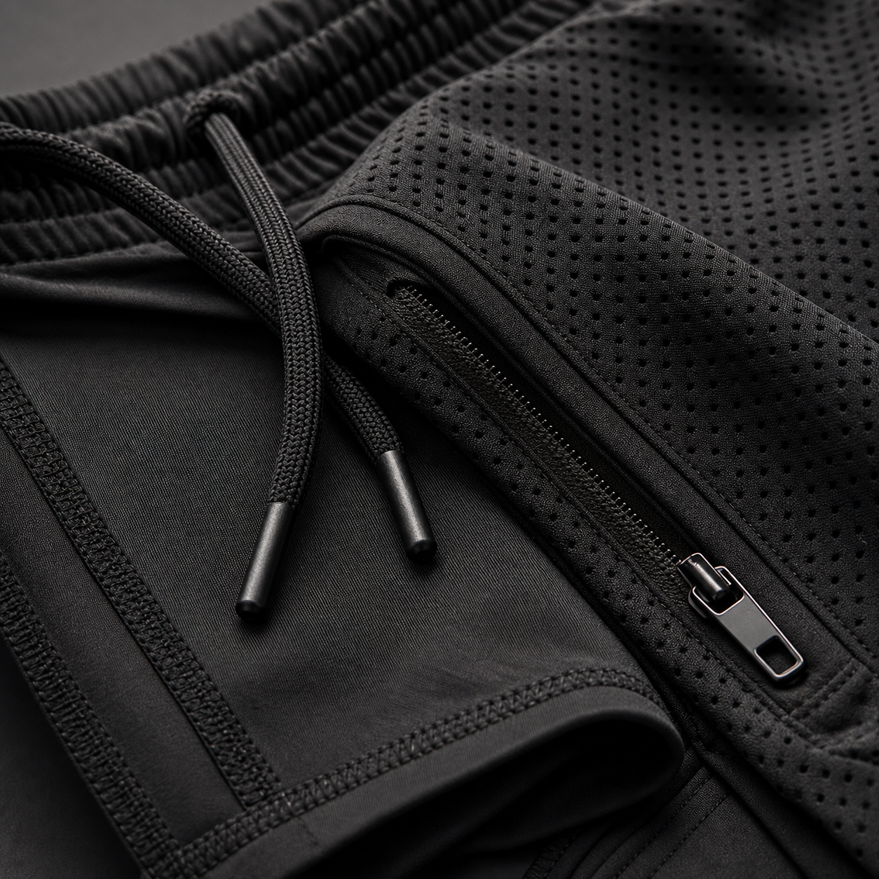 ApexLayer mesh fabric zipper drawcord and flatlock seam detail