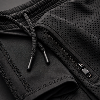 ApexLayer mesh fabric zipper drawcord and flatlock seam detail