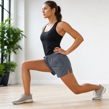 Split hem mobility detail on Velora women's running shorts