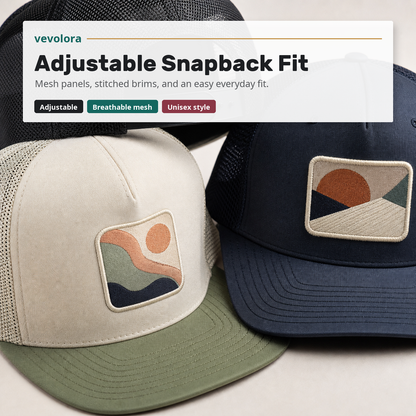 Adjustable snapback and mesh hat detail
