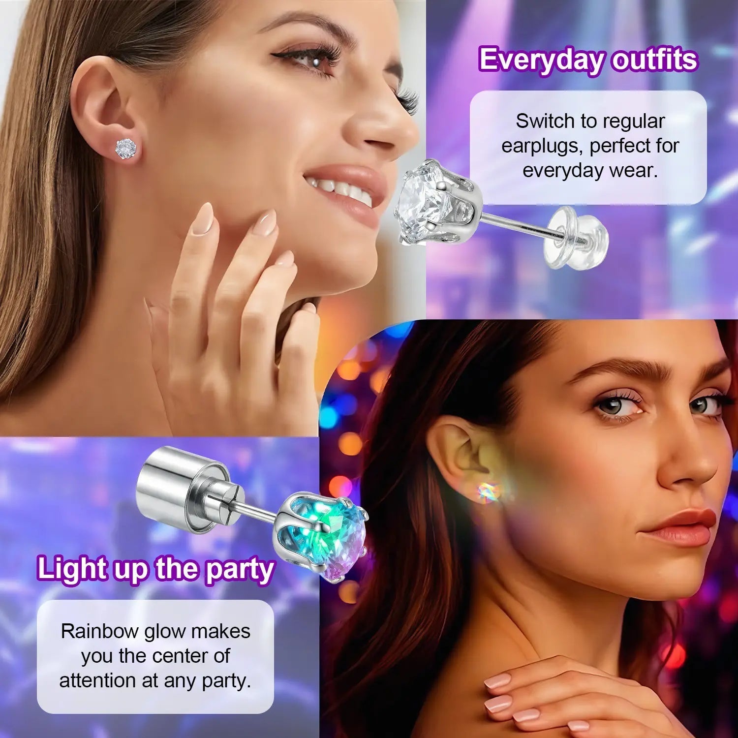 vevolora PrismCrown earrings worn unlit and glowing