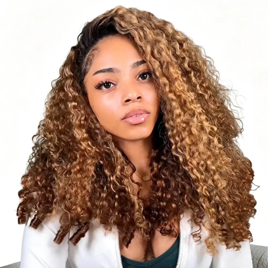 vevolora P4/27 Burmese Culry brown and honey blonde human hair half wig
