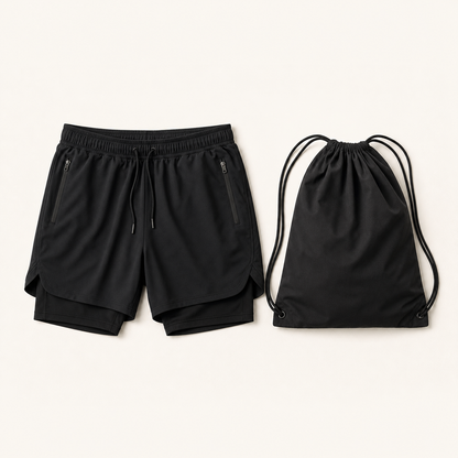 ApexLayer training shorts with included drawstring backpack