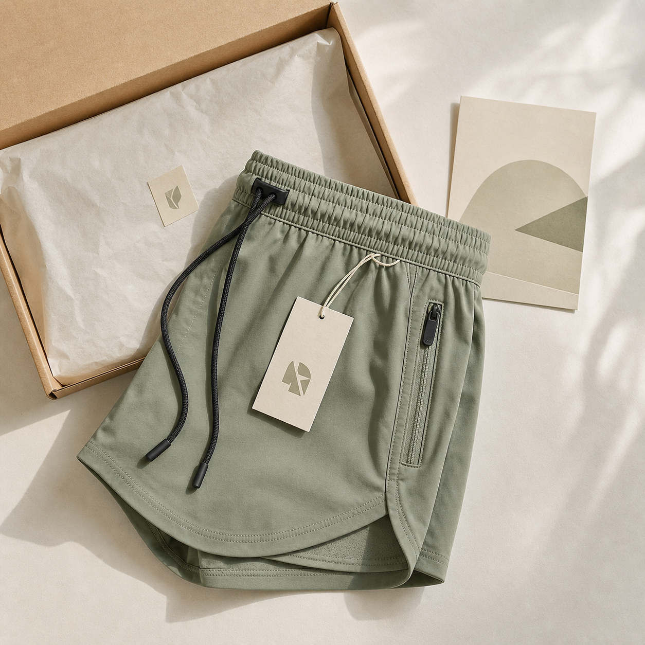 Velora AeroFlex sage running shorts with premium packaging