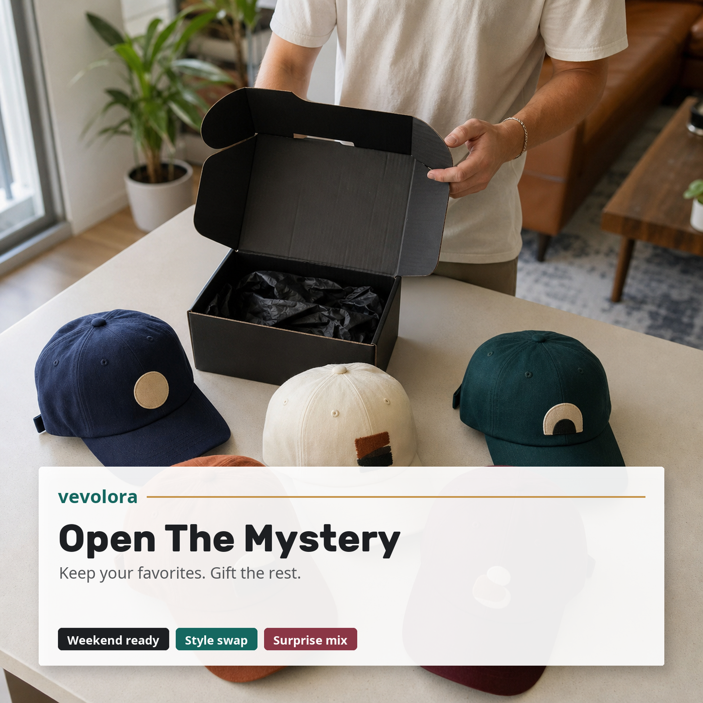 Lifestyle unboxing of vevolora mystery hats