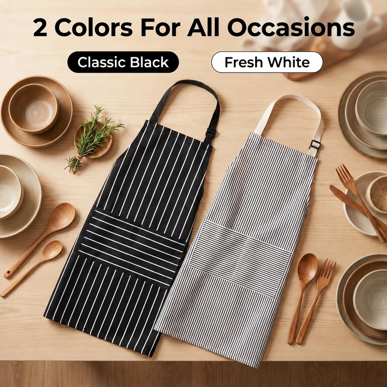 Two coordinating aprons included in the vevolora set
