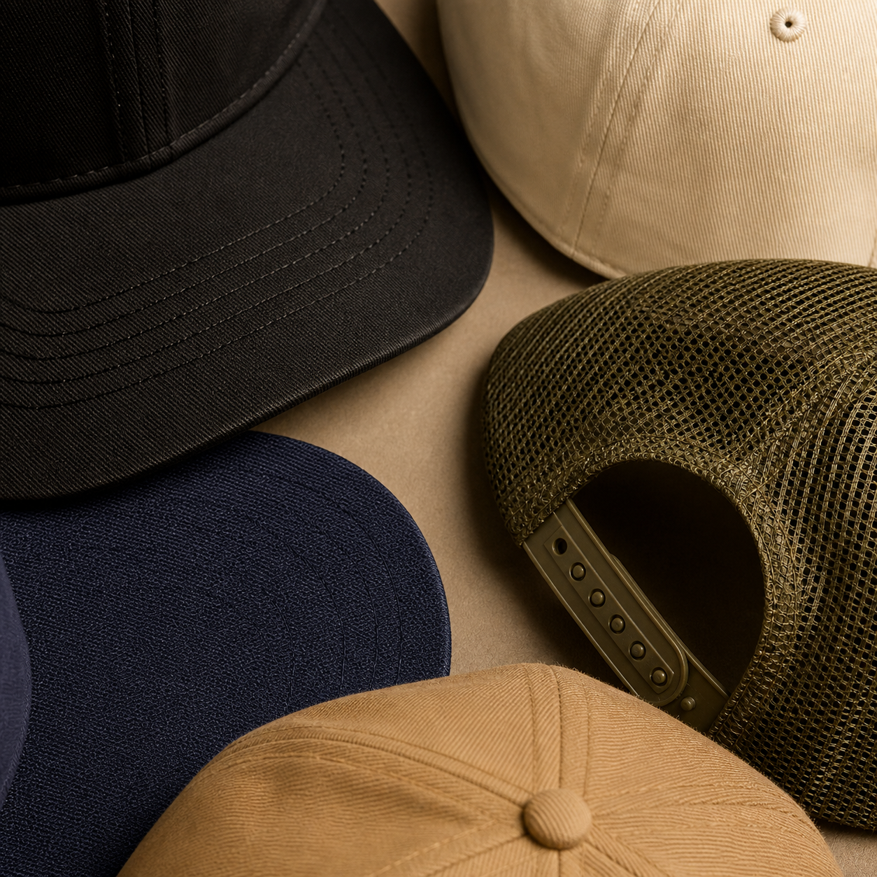 Hat construction detail showing brim mesh and snapback closure