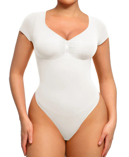 White V-neck short sleeve shaping bodysuit front fit