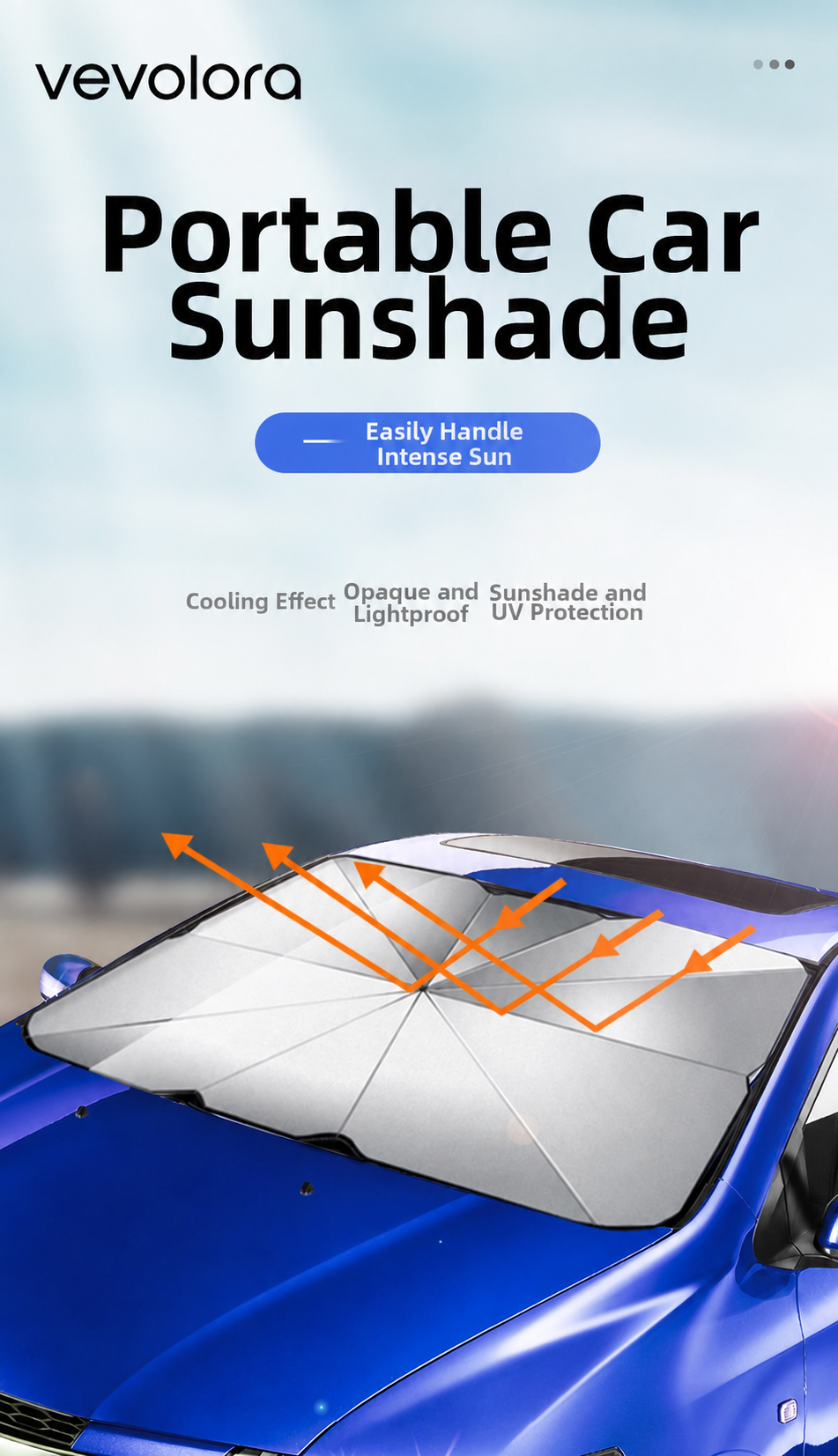 vevolora branded portable windshield sunshade on a blue car