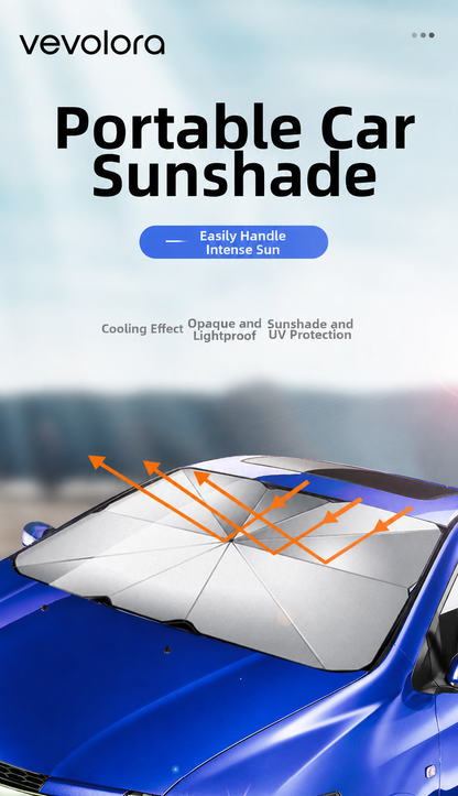 vevolora branded portable windshield sunshade on a blue car