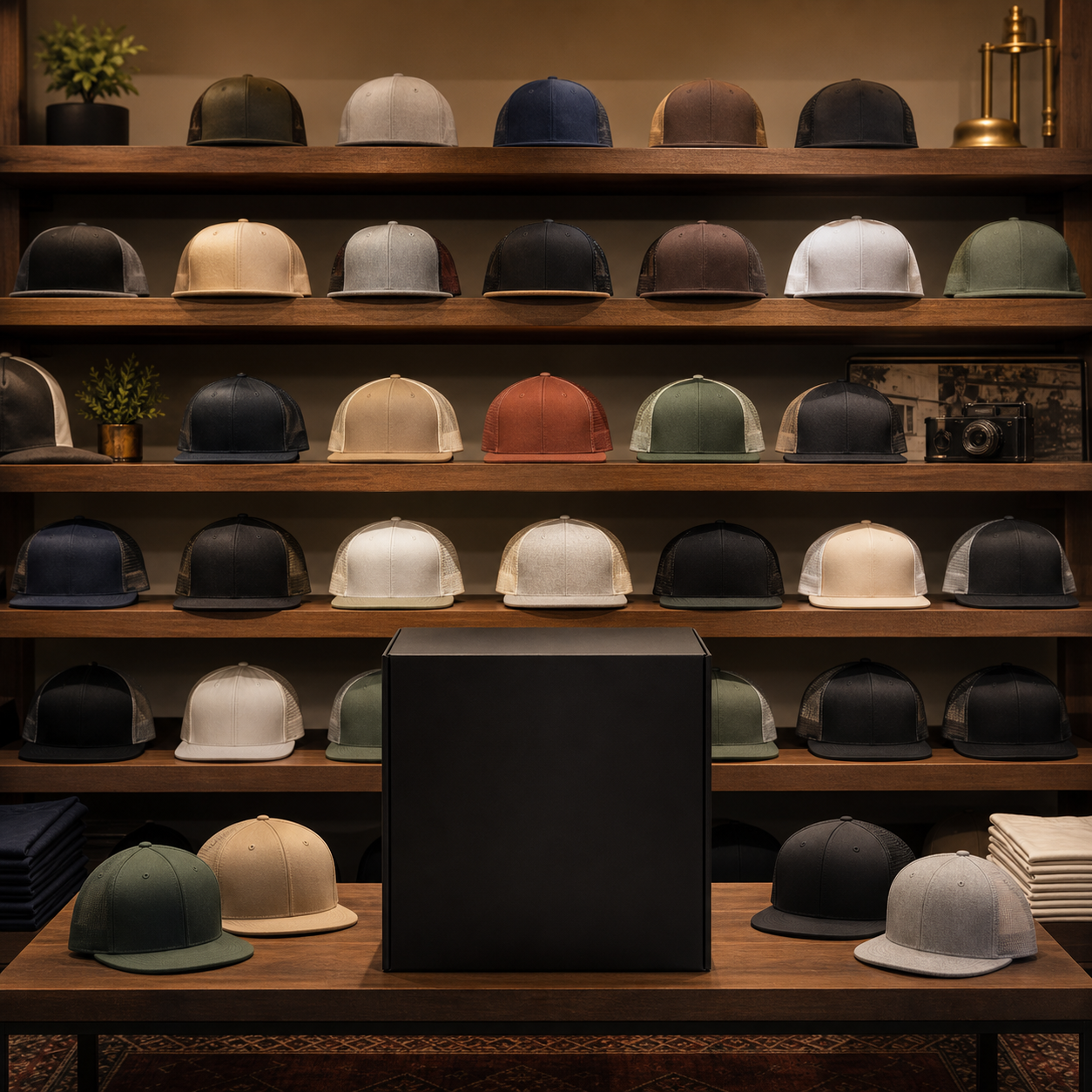 Curated unbranded hat assortment shelf