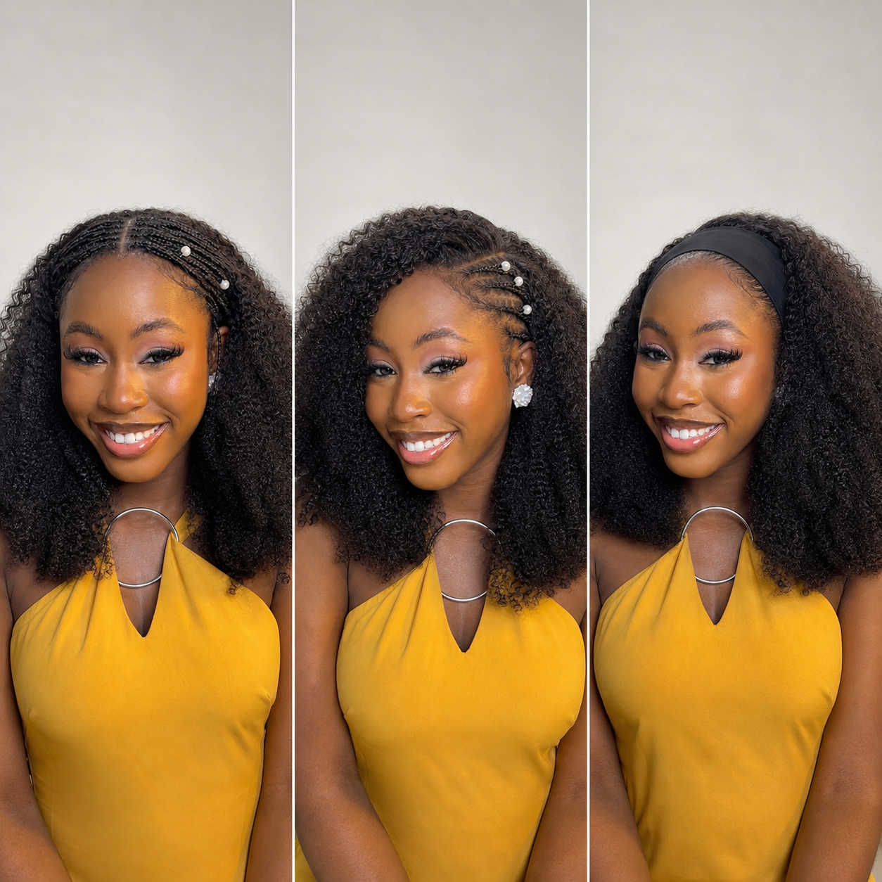 Three styling directions for the vevolora 3-in-1 half wig