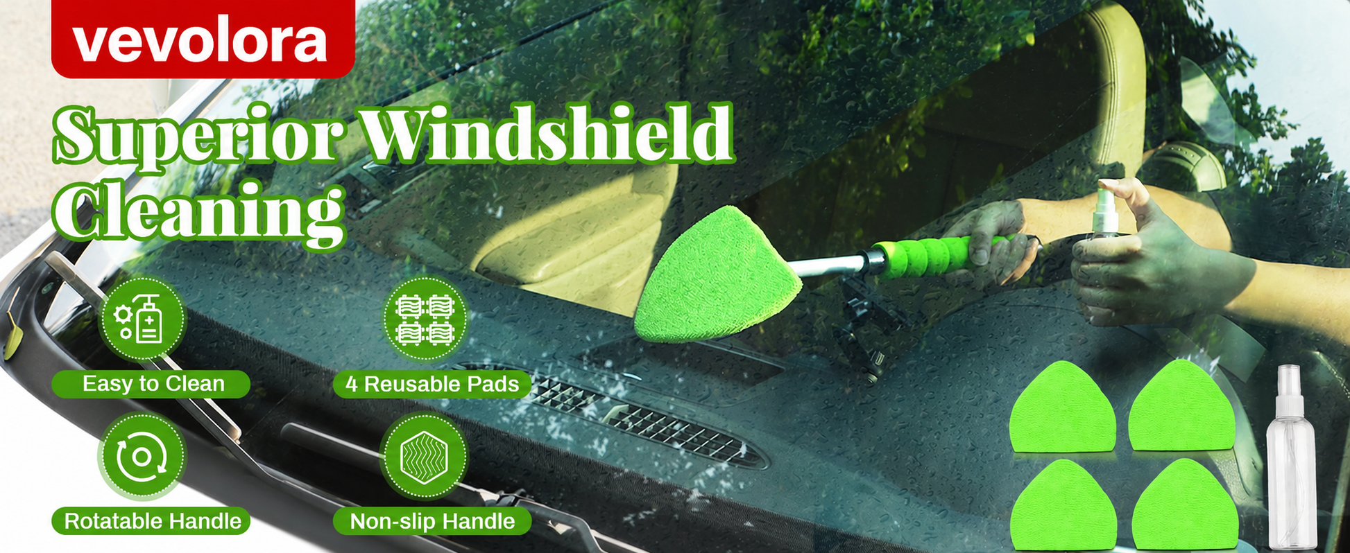 vevolora GlassReach windshield cleaning tool and four reusable pads in use