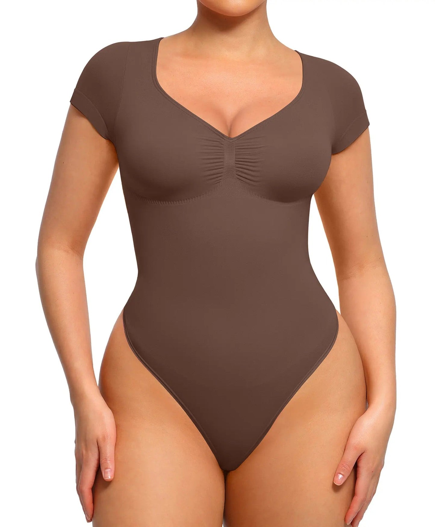 Dark Brown V-neck shaping bodysuit front fit