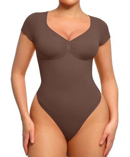 Dark Brown V-neck shaping bodysuit front fit