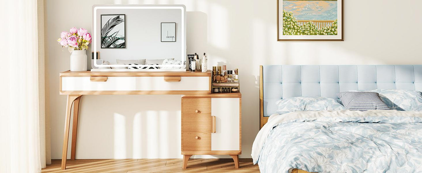 White Vevolora mirror in a bright bedroom vanity scene