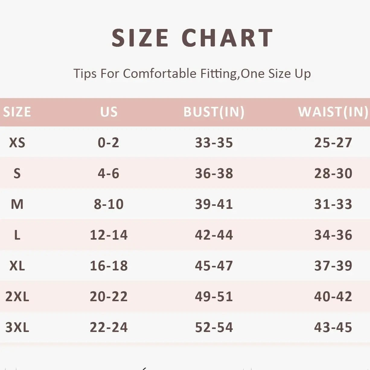 vevolora SculptFit US size chart XS through 3XL