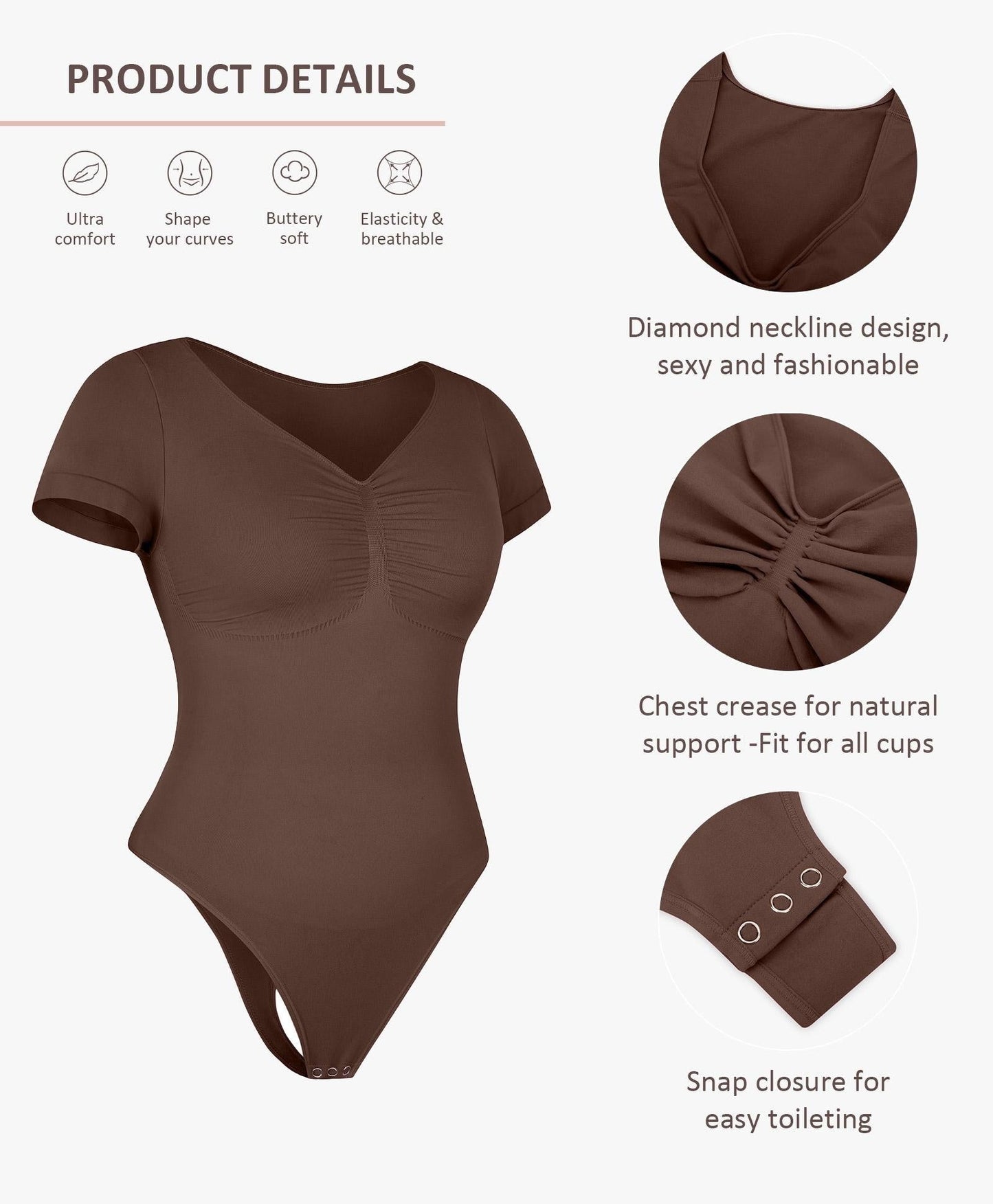 V-neck ruching and snap closure product details