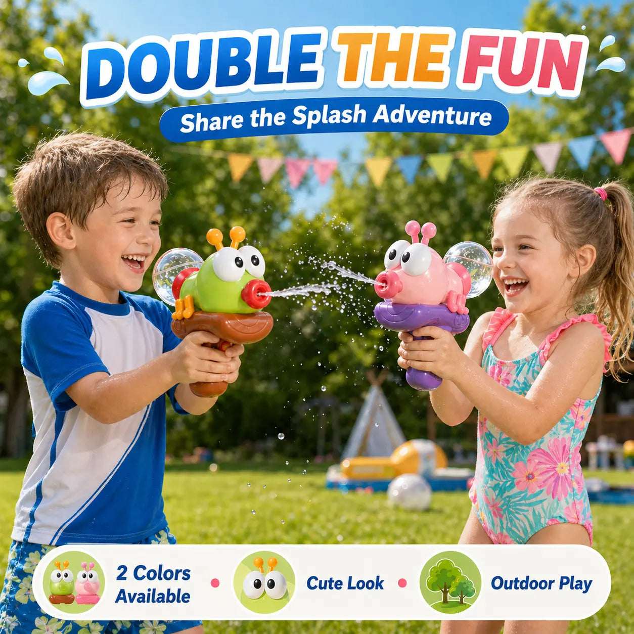 Kids playing with Green and Pink Vevolora water blasters